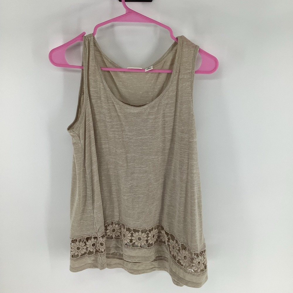 Womens Beige Scoop Neck Tank Top Crochet Floral Lace Hem Knit Sleeveless M
